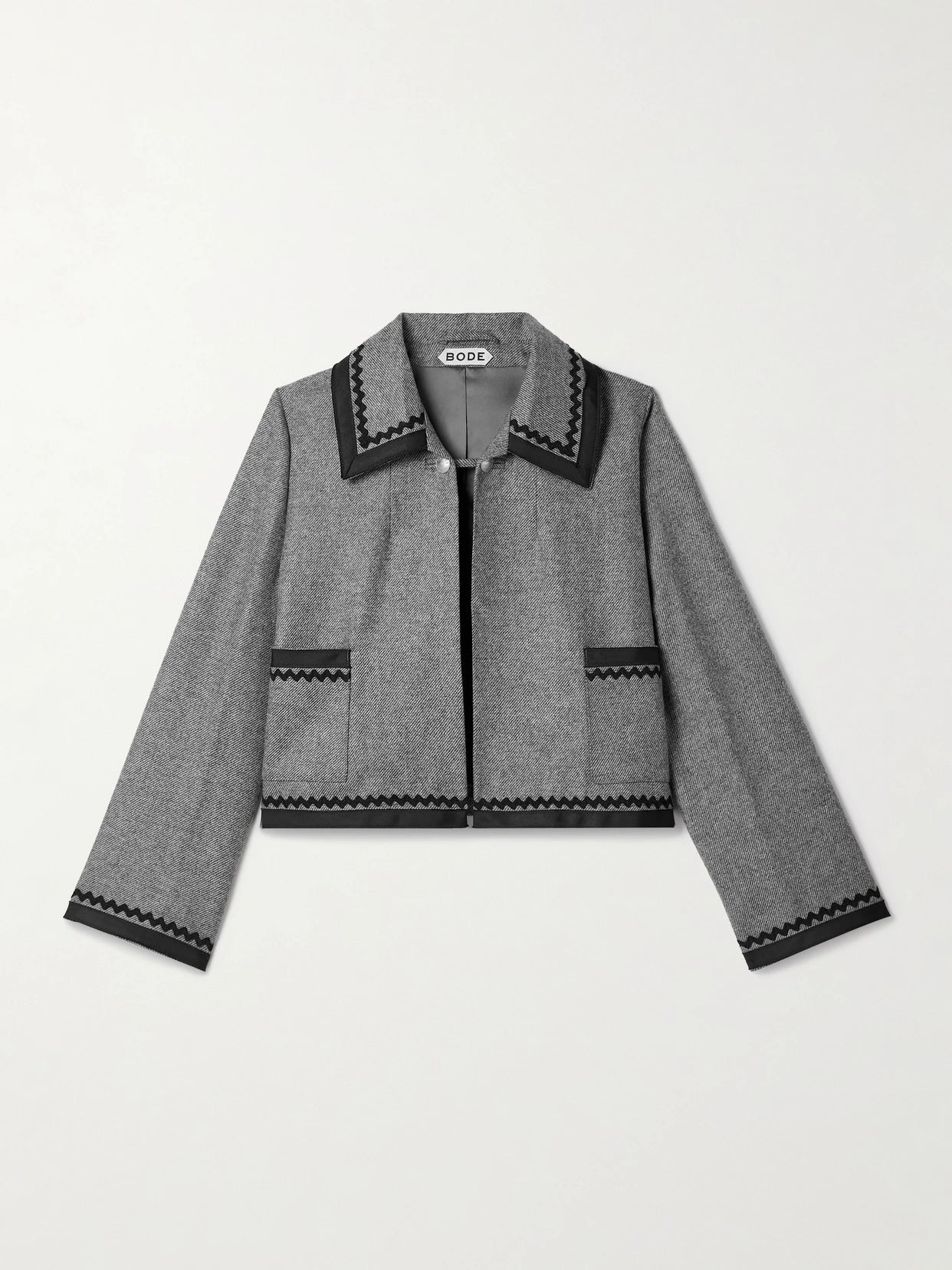 Image of Coats & Jackets. Product name - Dovecote Cropped Cotton Twill-trimmed Wool-twill Jacket in Gray colour by brand - BODE