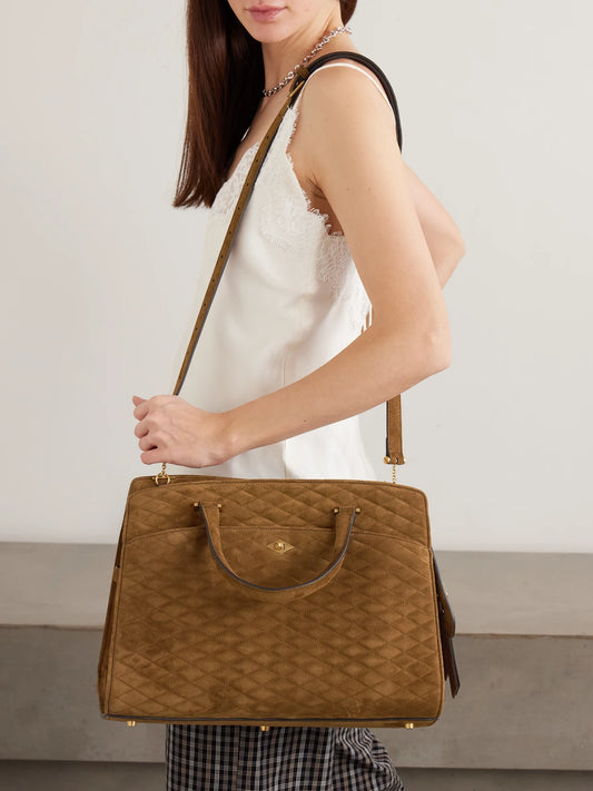 Image of Bags. Product name - Private Eye Quilted Suede Tote in Tan colour by brand - Métier
