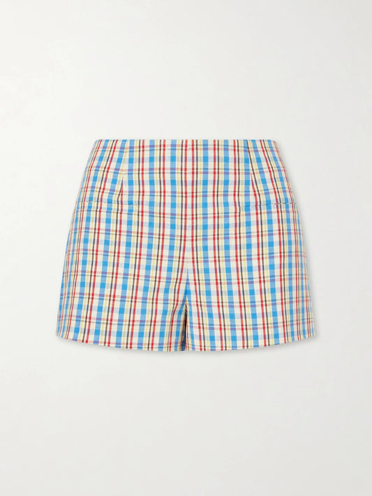 Image of a model wearing Shorts. Product name - Aurora Checked Cotton And Linen-blend Shorts in Blue colour by brand - Faithfull