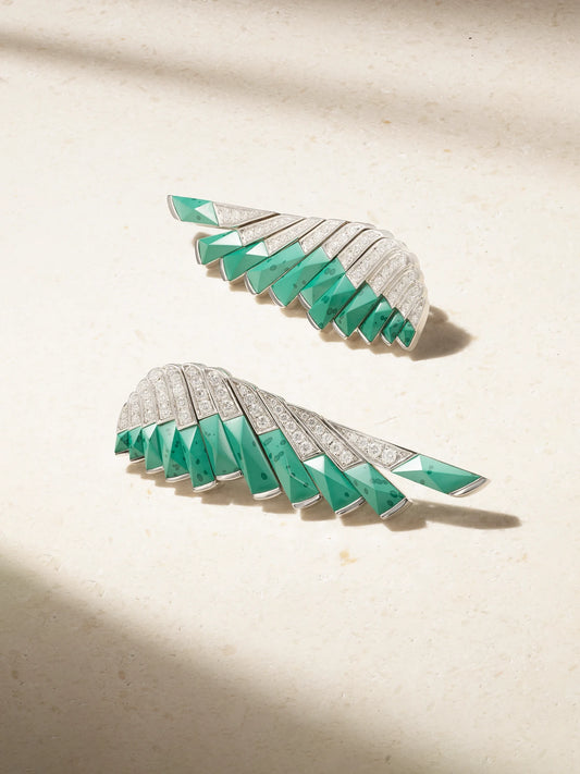 Wings 18-karat White Gold, Malachite And Diamond Earrings