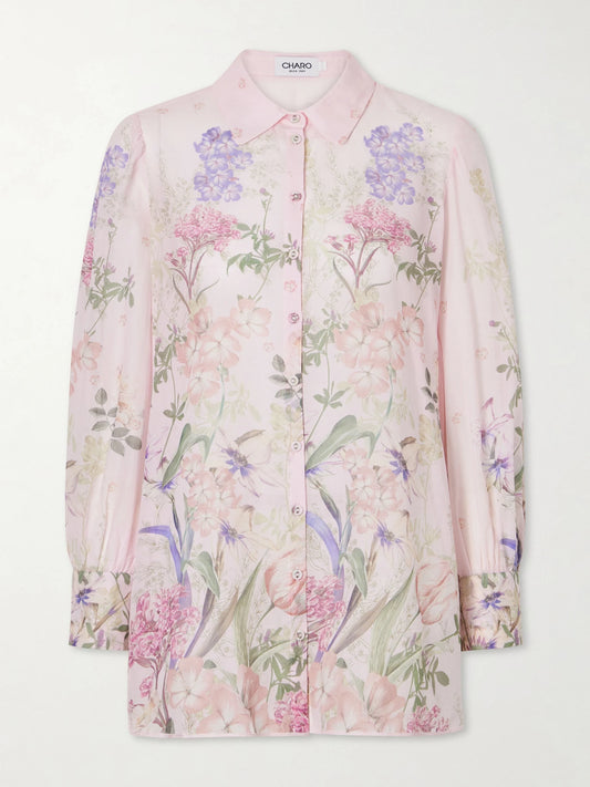 Image of Shirts. Product name - Aster Floral-print Cotton-blend Shirt in Pink colour by brand - Charo Ruiz