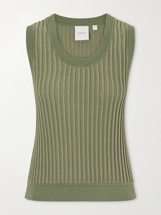 Image of a model wearing Tops. Product name - Aldcroft Ribbed-knit Cotton Tank Top in Green colour by brand - Varley