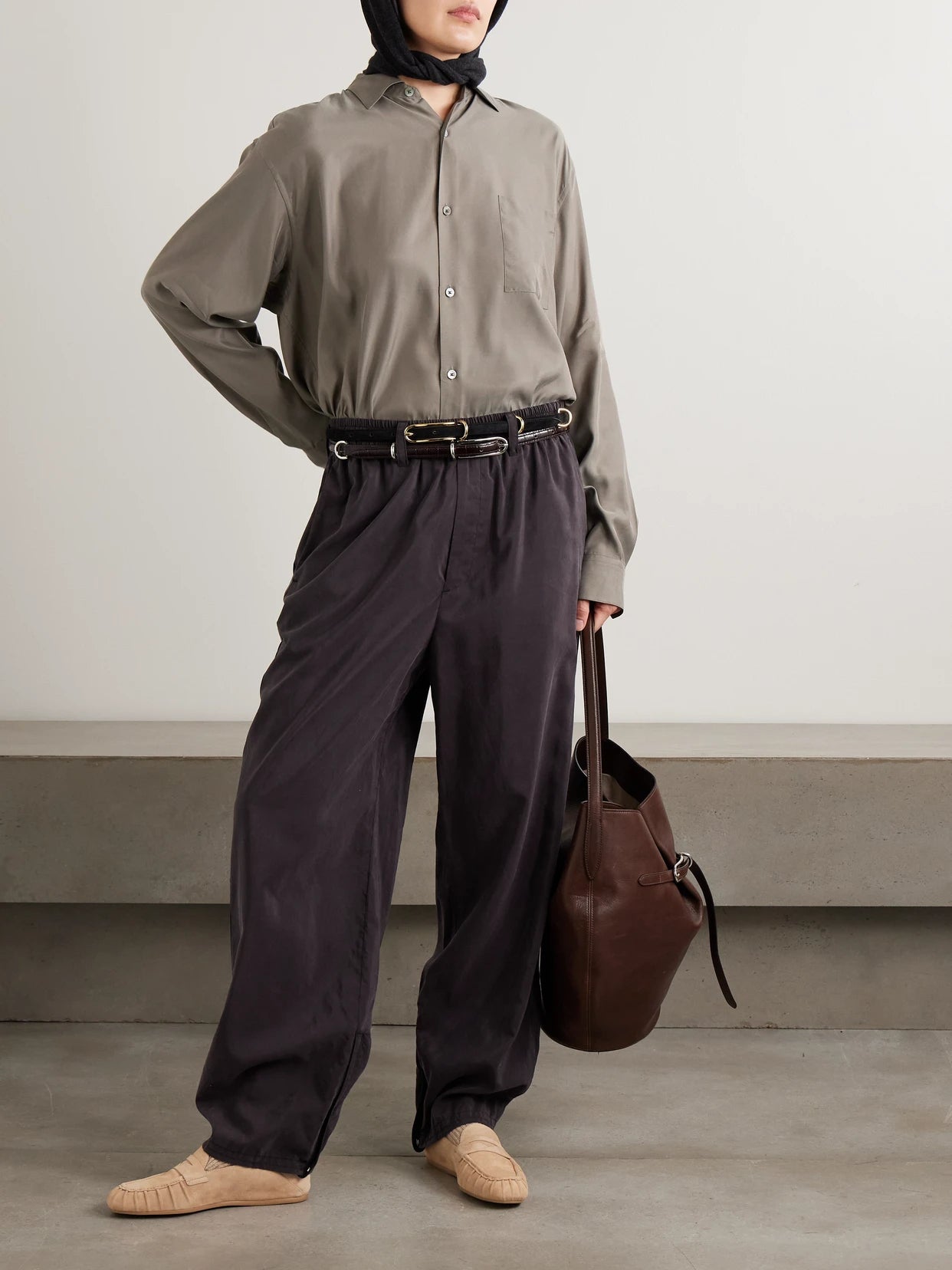 Image of a model wearing Tops. Product name - Twill Shirt in Taupe colour by brand - ssstein