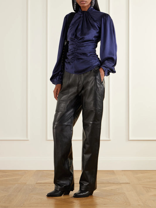 Image of a model wearing Tops. Product name - Depsona Ruched Silk-satin Blouse in Midnight blue colour by brand - ISABEL MARANT