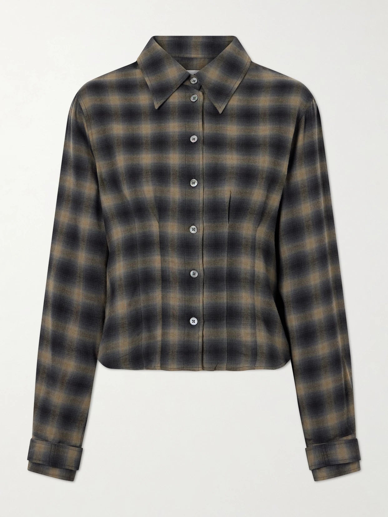 Image of a model wearing Tops. Product name - Envelop Checked Cotton And Wool-blend Shirt in Gray colour by brand - Our Legacy