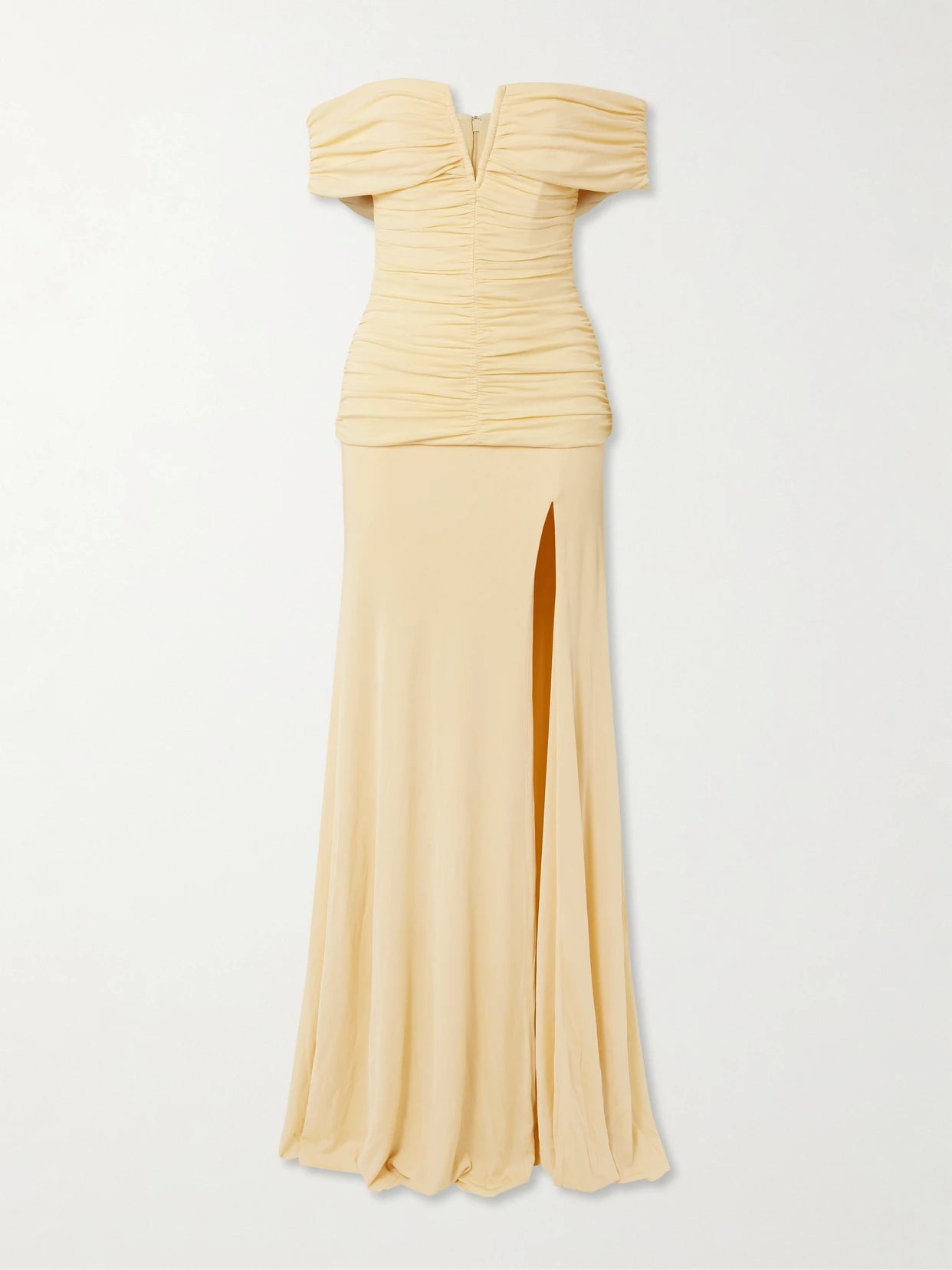 Image of Dresses. Product name - Zaley Off-the-shoulder Ruched Jersey Gown in Yellow colour by brand - Rebecca Vallance