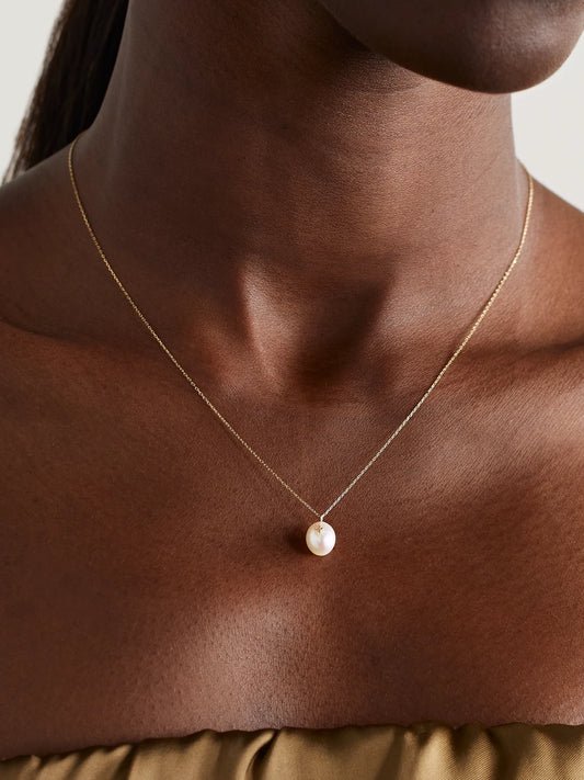 Image of Necklaces. Product name - 14-karat Gold, Pearl And Diamond Necklace in Off-white colour by brand - Mateo