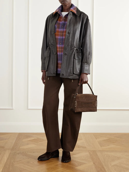 Image of a model wearing Tops. Product name - Vulcan Checked Cashmere Shirt in Purple colour by brand - God's True Cashmere