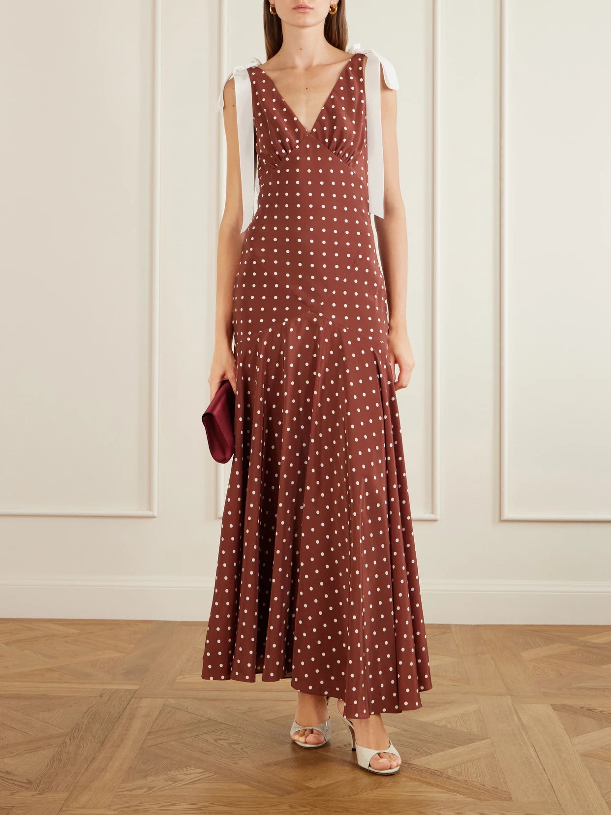 Image of Dresses. Product name - Polka-dot Silk-crepe Midi Dress in Brown colour by brand - Rodarte
