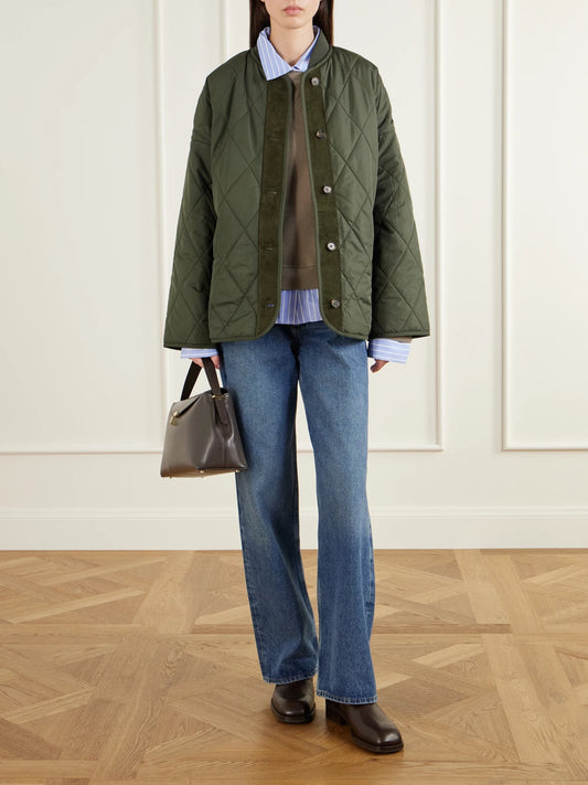 Image of Coats & Jackets. Product name - Abercorn Corduroy-trimmed Shell Quilted Jacket in Army green colour by brand - Barbour