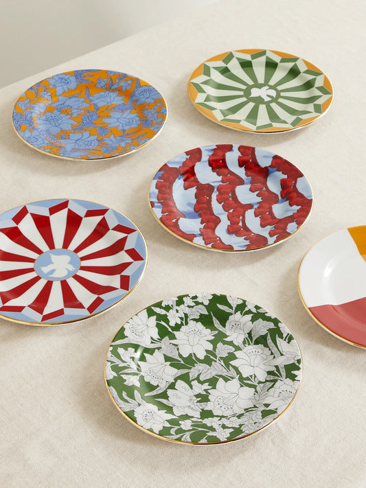 Set Of Six Gold-plated Porcelain Dessert Plates