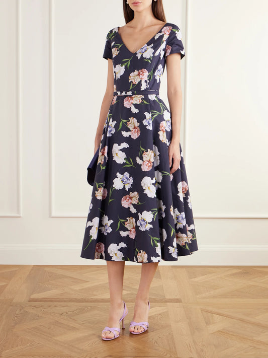 Image of Dresses. Product name - Iris Belted Floral-print Cotton-blend Poplin Midi Dress in Navy colour by brand - Oscar de la Renta