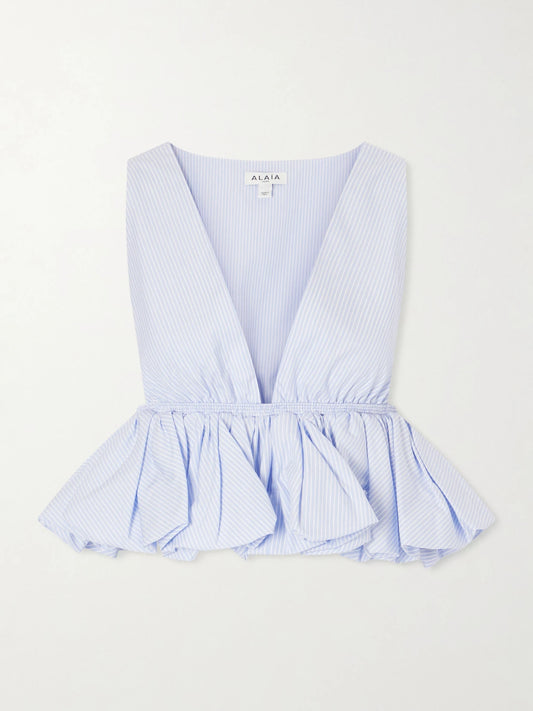 Image of Blouses. Product name - Cropped Ruffled Striped Cotton-poplin Blouse in Blue colour by brand - Alaïa