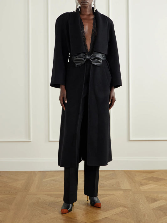 Image of Coats & Jackets. Product name - Belted Leather-trimmed Wool And Cashmere-blend Coat in Black colour by brand - Valentino Garavani