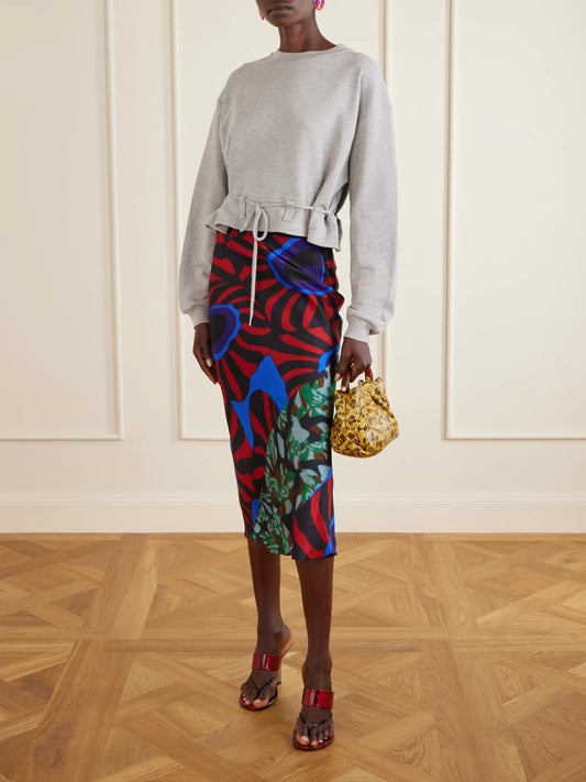 Image of a model wearing Tops. Product name - Ruffled Cotton-jersey Sweatshirt in Gray colour by brand - Dries Van Noten
