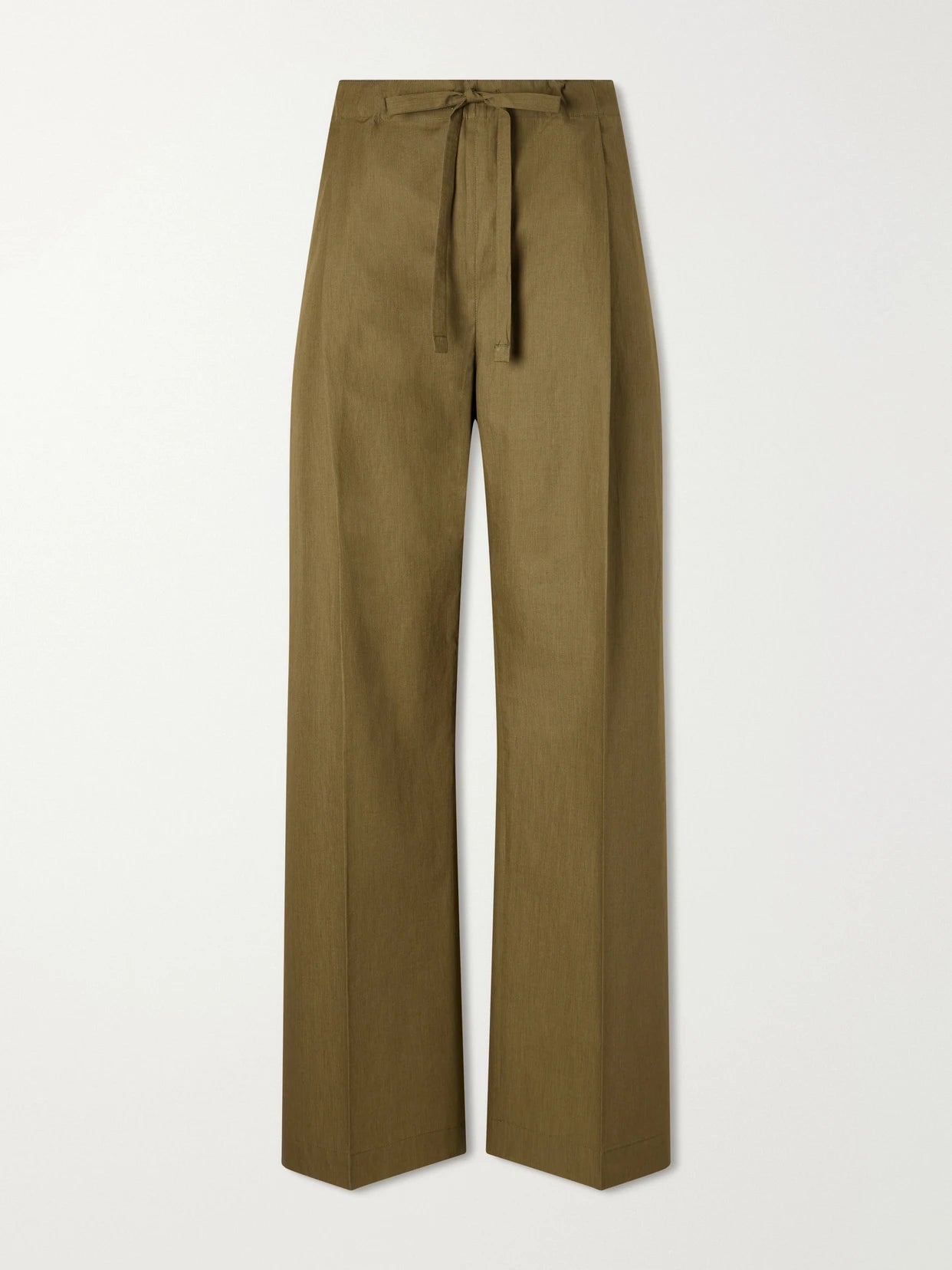 Image of a model wearing Pants. Product name - Pleated Cotton-poplin Straight-leg Pants in Army green colour by brand - Another Tomorrow