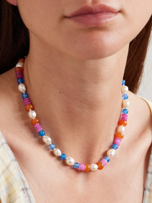 Image of Necklaces. Product name - Turkish Delight Silver Multi-stone And Silk Necklace in Multi colour by brand - Gohar World