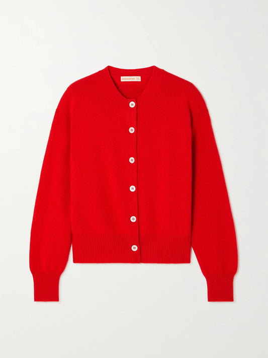 Image of a model wearing Outerwear. Product name - + Net Sustain Ada Wool Cardigan in Red colour by brand - &Daughter
