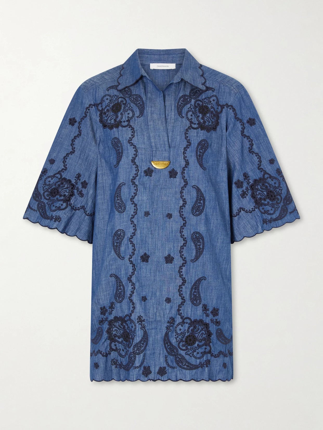 Image of Dresses. Product name - Aster Broderie Anglaise-trimmed Cotton-denim Mini Dress in Blue colour by brand - Zimmermann