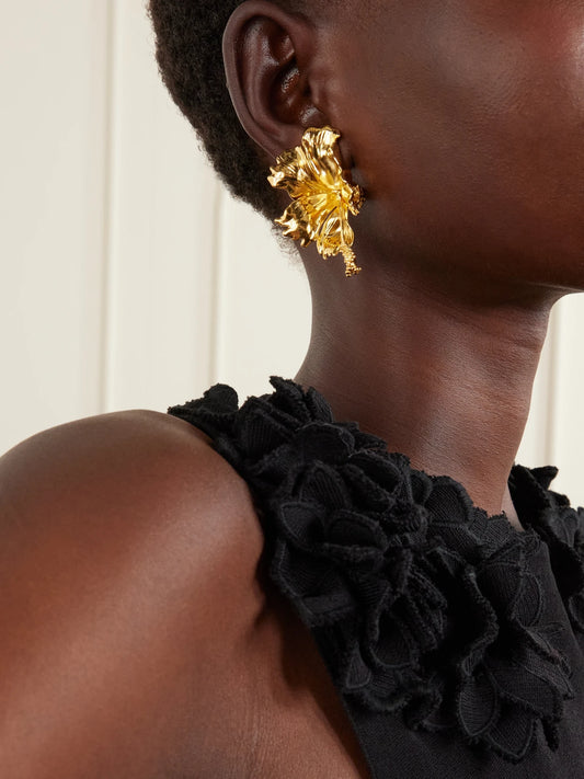 Image of Earrings. Product name - Hibiscus Gold-tone Earrings in Multi colour by brand - Oscar de la Renta