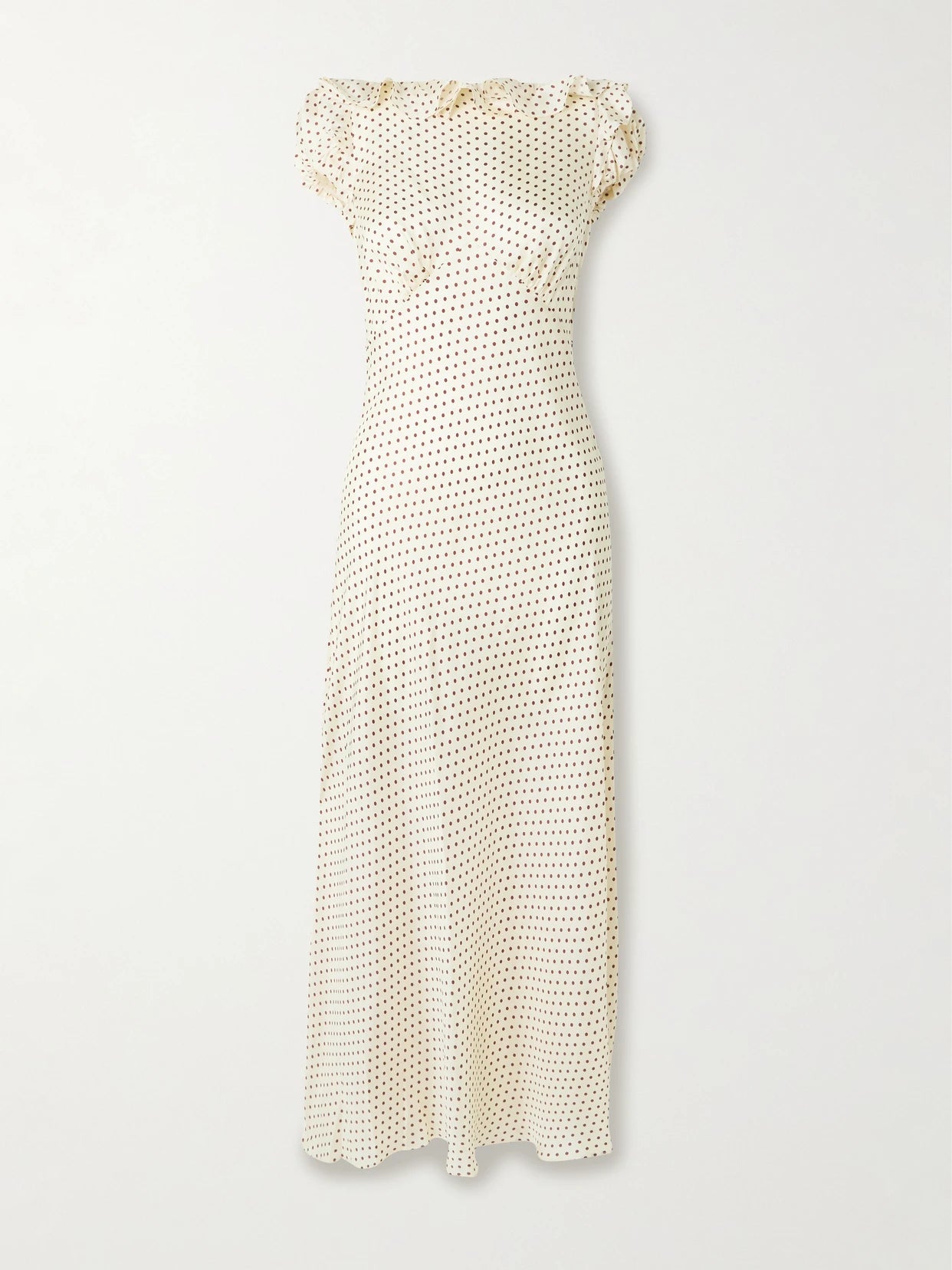Image of Dresses. Product name - Emerence Ruffled Polka-dot Silk-blend Twill Midi Dress in Cream colour by brand - DÔEN