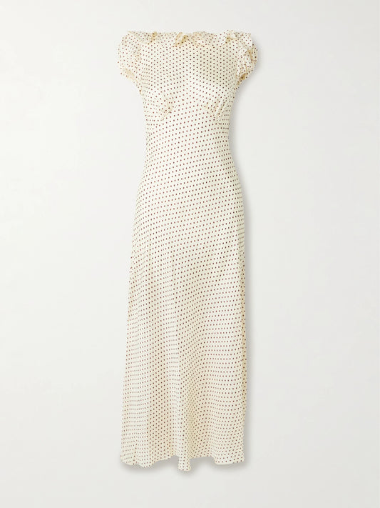 Image of Dresses. Product name - Emerence Ruffled Polka-dot Silk-blend Twill Midi Dress in Cream colour by brand - DÔEN