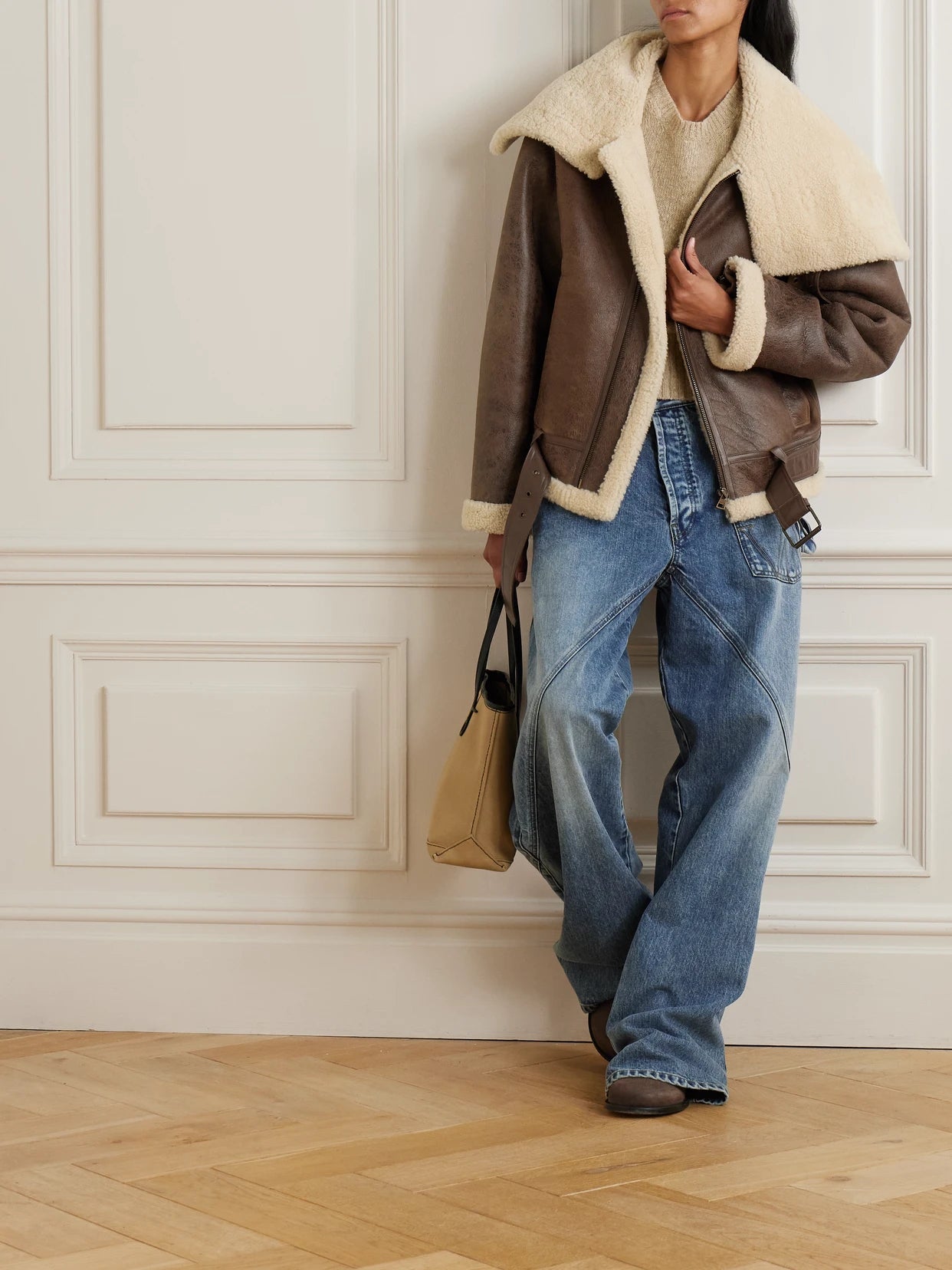 Image of Coats & Jackets. Product name - Oversized Belted Shearling Jacket in Brown colour by brand - JW Anderson