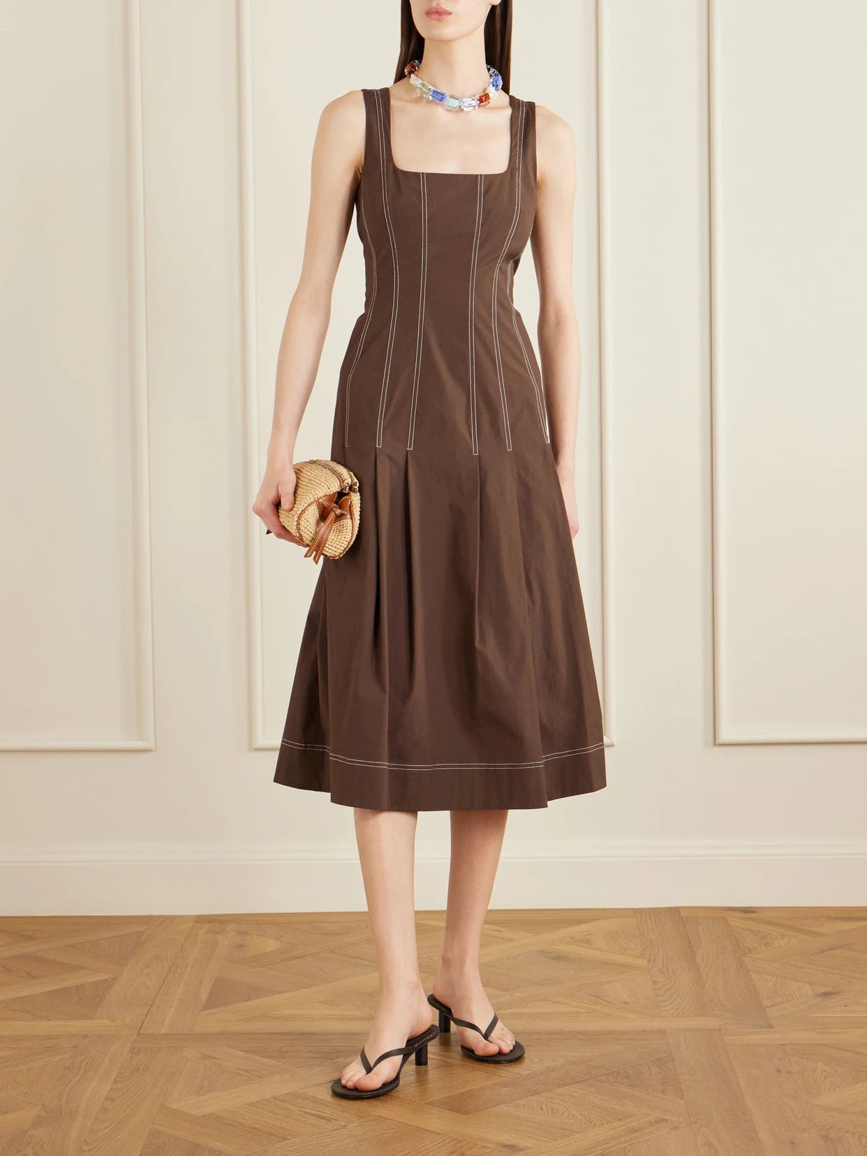 Image of Dresses. Product name - Jolie Cotton-blend Poplin Midi Dress in Brown colour by brand - Veronica Beard