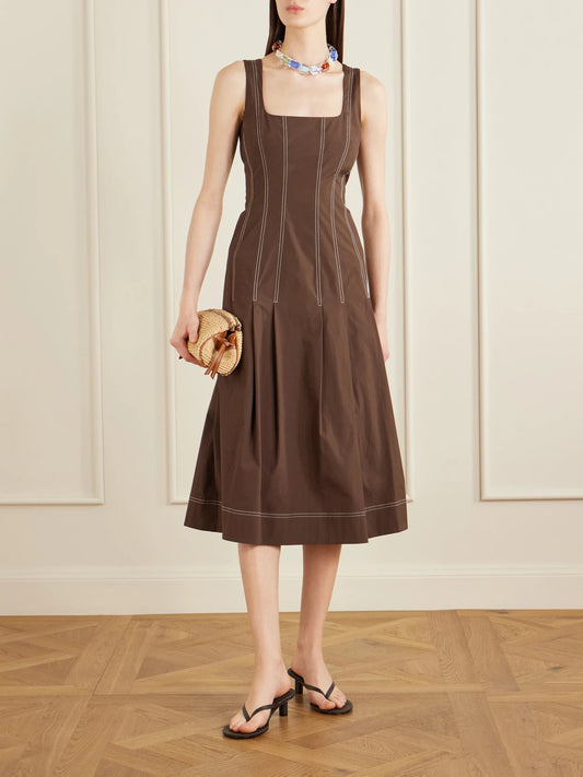Image of Dresses. Product name - Jolie Cotton-blend Poplin Midi Dress in Brown colour by brand - Veronica Beard