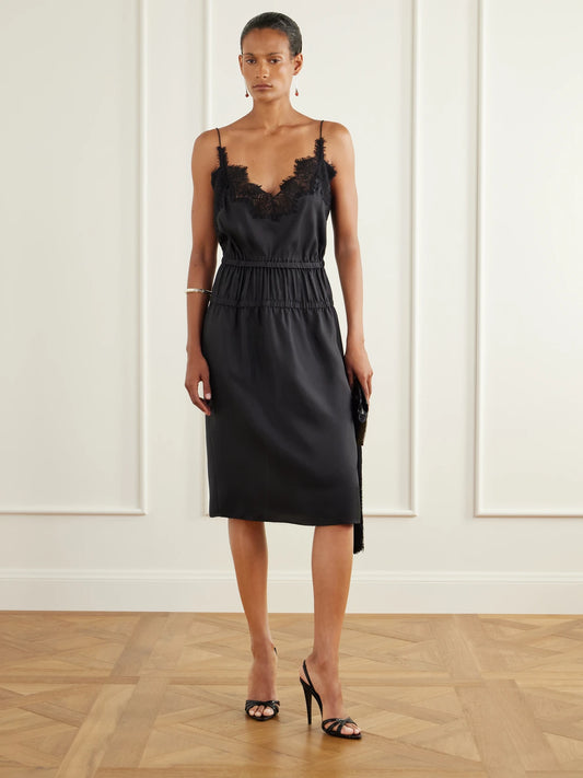 Image of Dresses. Product name - Camura Lace-trimmed Shirred Silk-satin Midi Dress in Black, Brown colour by brand - RÓHE