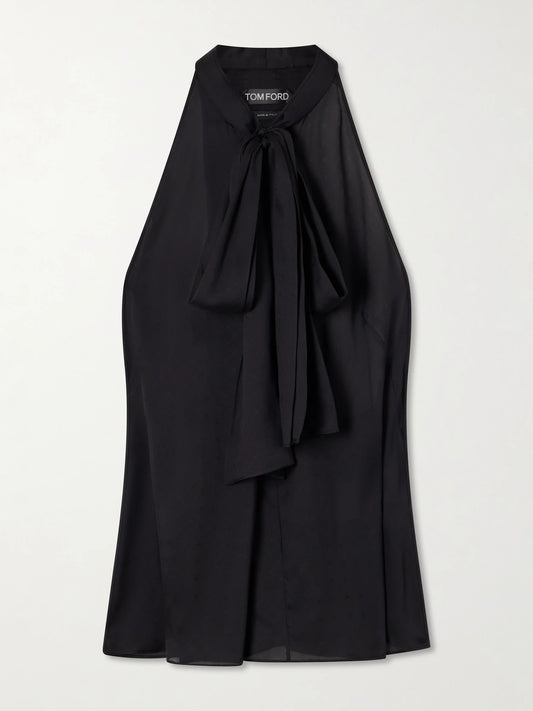 Image of a model wearing Tops. Product name - Monogram-printed Halterneck Silk-chiffon Tank in Black colour by brand - TOM FORD