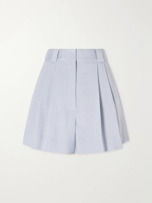 Image of a model wearing Shorts. Product name - Vezon Pleated Woven Shorts in Light blue colour by brand - BLAZÉ Milano