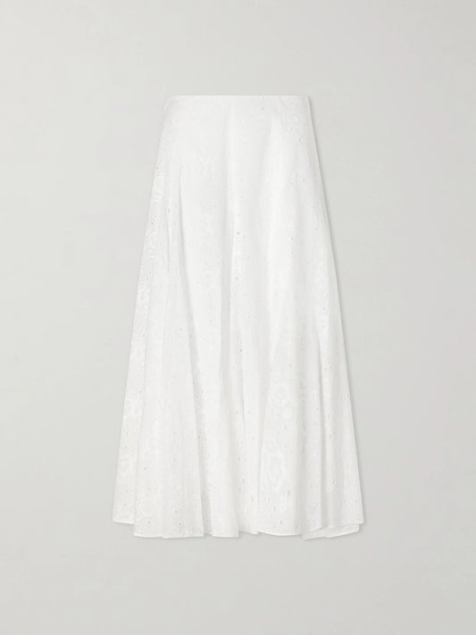 Pleated Broderie Anglaise Cotton Midi Skirt