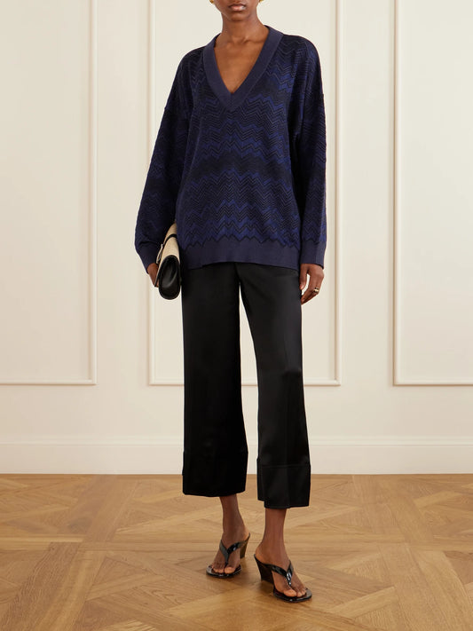 Image of a model wearing Outerwear. Product name - Striped Crochet-knit Sweater in Blue colour by brand - Missoni