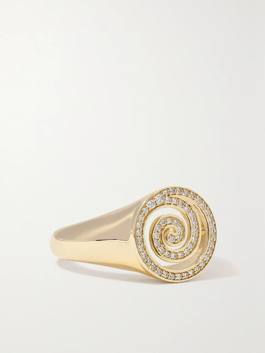 Spiral 14-karat Gold Diamond Signet Ring