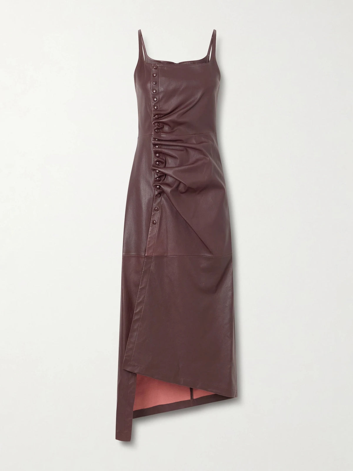 Asymmetric Ruched Leather Midi Dress
