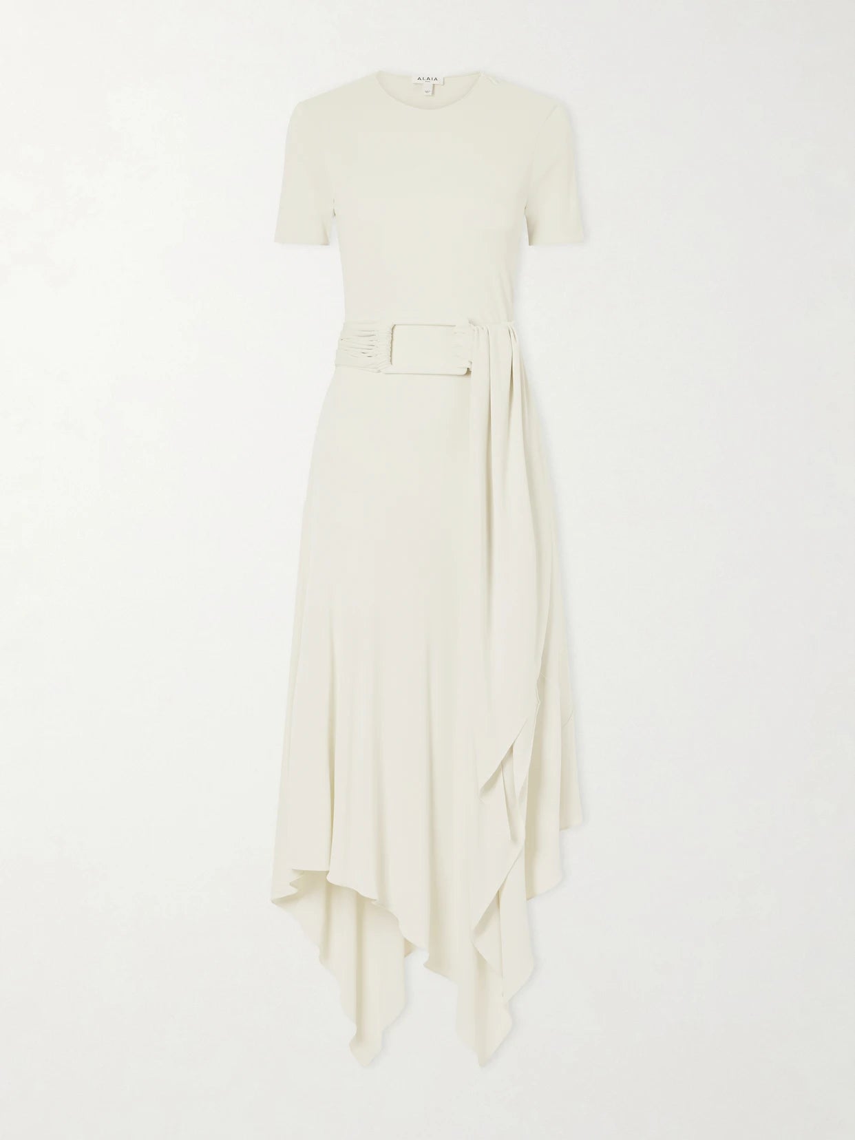 Image of Dresses. Product name - Asymmetrical Belted Jersey Midi Dress in Cream colour by brand - Alaïa