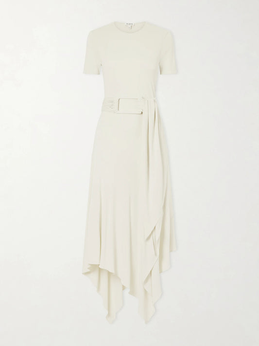 Image of Dresses. Product name - Asymmetrical Belted Jersey Midi Dress in Cream colour by brand - Alaïa