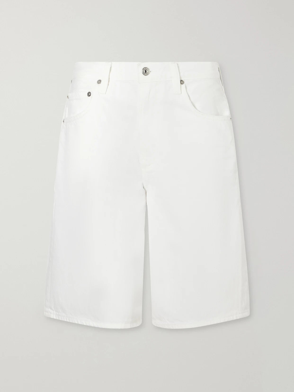 Image of a model wearing Shorts. Product name - Court Denim Straight-leg Shorts in White colour by brand - Citizens of Humanity