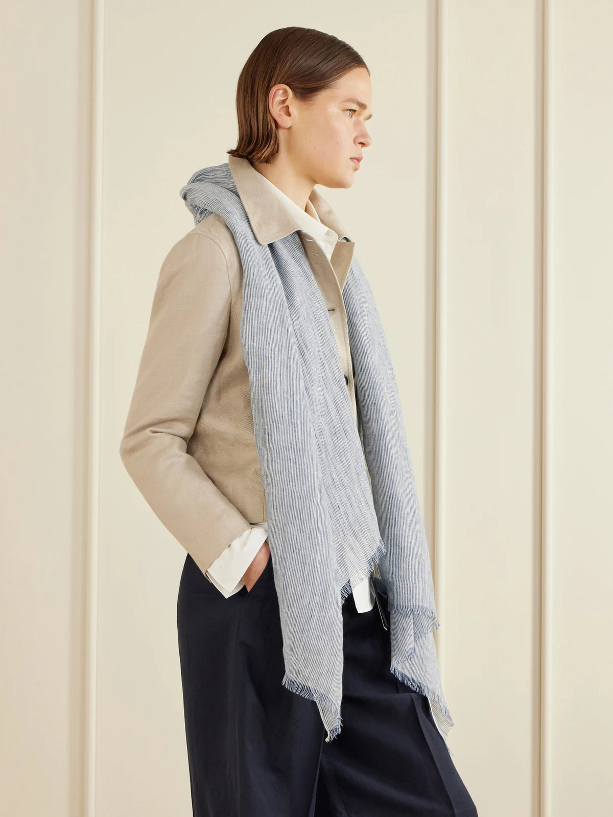 Image of Scarves & Shawls. Product name - Fringed Linen Scarf in Blue colour by brand - Brunello Cucinelli