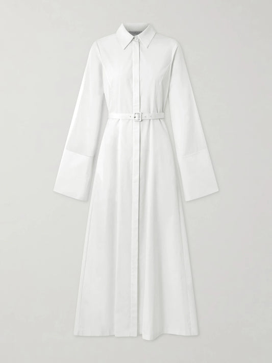 Image of Dresses. Product name - Carmina Belted Cotton-poplin Maxi Dress in White colour by brand - Gabriela Hearst