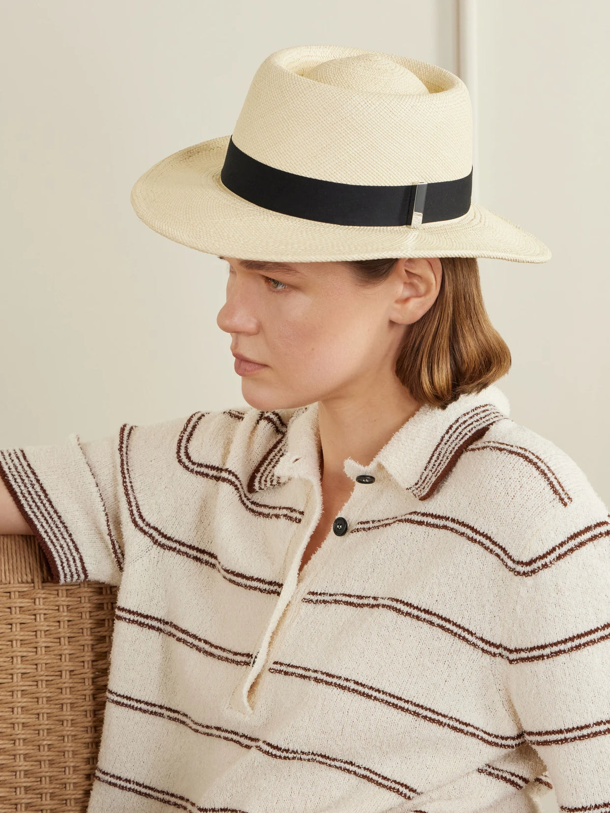 Image of Hats. Product name - Sophia Cotton-trimmed Woven Straw Fedora in Neutral colour by brand - Gigi Burris