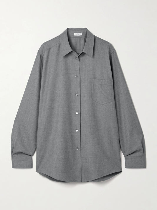 Image of a model wearing Tops. Product name - Pino Oversized Wool-twill Shirt in Gray colour by brand - The Row
