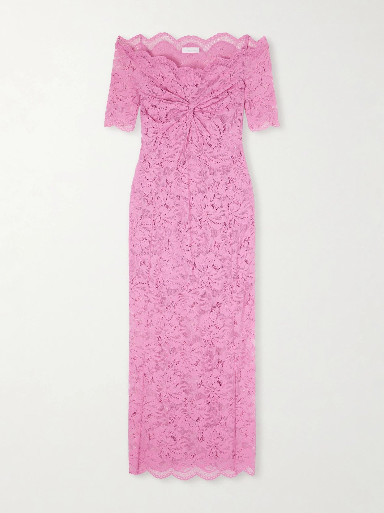 Image of Dresses. Product name - Off-the-shoulder Scalloped Lace Midi Dress in Pink colour by brand - RABANNE