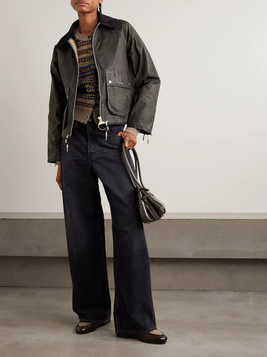 Image of Coats & Jackets. Product name - Marron Leather And Corduroy-trimmed Waxed-cotton Jacket in Dark gray colour by brand - Barbour