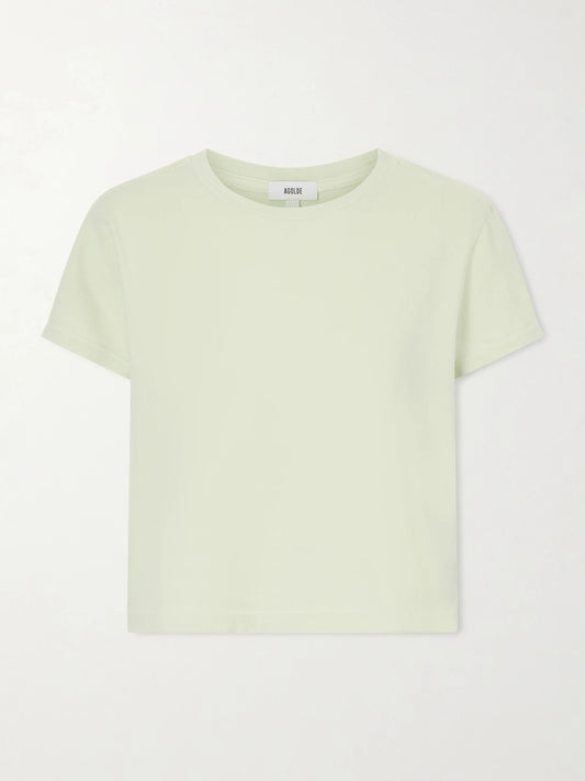 Image of a model wearing Tops. Product name - Adine Cotton-jersey T-shirt in Mint colour by brand - AGOLDE