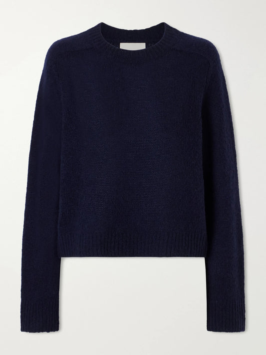 Image of a model wearing Outerwear. Product name - Solene Cashmere And Silk-blend Sweater in Navy colour by brand - LISA YANG