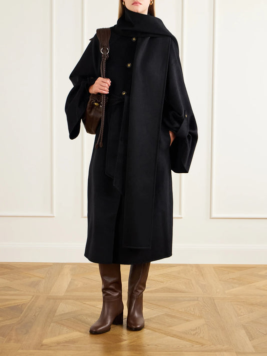 Image of Coats & Jackets. Product name - Valiant Scarf-detailed Wool-blend Coat in Black colour by brand - Zimmermann