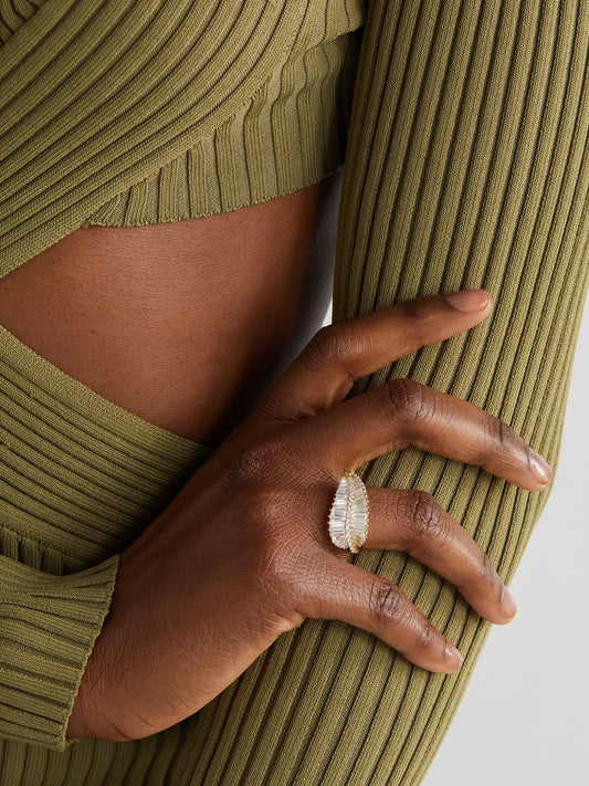 Image of Rings. Product name - Palm Leaf 18-karat Gold Diamond Ring in Multi colour by brand - Anita Ko