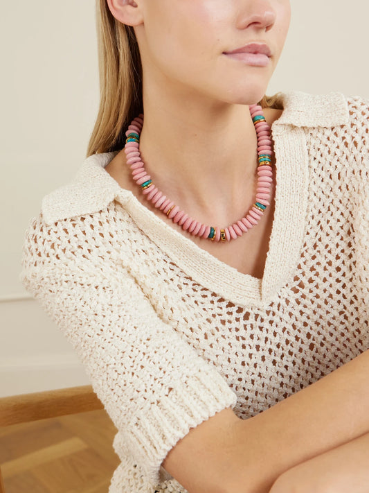 Image of Necklaces. Product name - Laguna Gold-plated Turquoise Beaded Necklace in Pastel pink colour by brand - Lizzie Fortunato